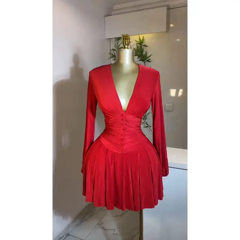 summer spring clothes Women Full Sleeve Button High Waist Deep V-neck Pleated Big Swing Dress 2025 Retro Sexy Party Dresses Formal Light Womenswear Check Workwear Gamis Basic Minimalist Pink Casual