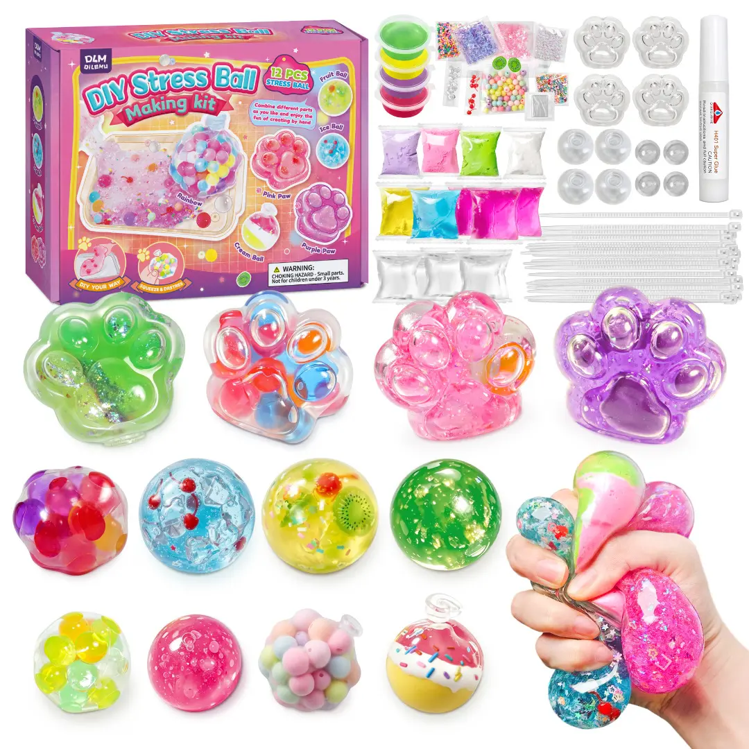 DIY Squishy Ball Making Kit for Kids Ages 6+, Make Your Own Squishies with Slime, Round and Paw Molds, Glitter, Beads and Mixing Tools, Creative Craft Set