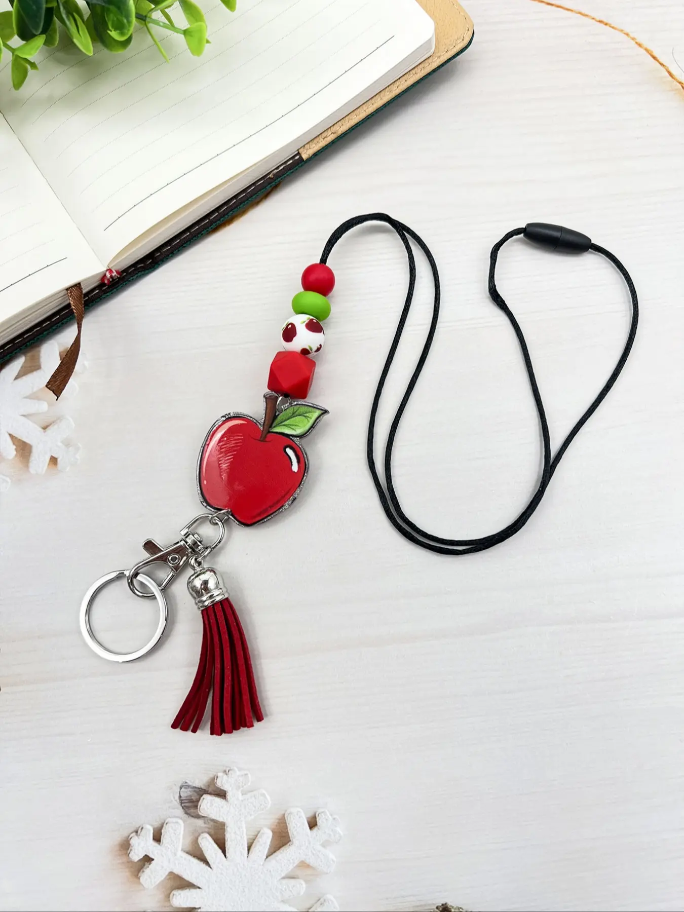 Teach Theme Beaded Tassel Decorated Keychain with Colorful Beads & Tassel Design, Apple Pencil Shape, Perfect Teacher Gift, Back-To-School Present, Aesthetic Keychain