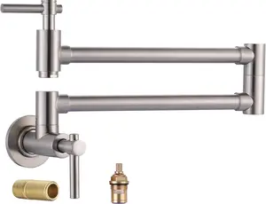 Pot Filler Faucet, Brass Wall Mount Kitchen Faucet Brushed Nickel Folding Stretchable with Double Joint Swing Arm Single Hole 2 Handles for Kitchen, Stove Faucet