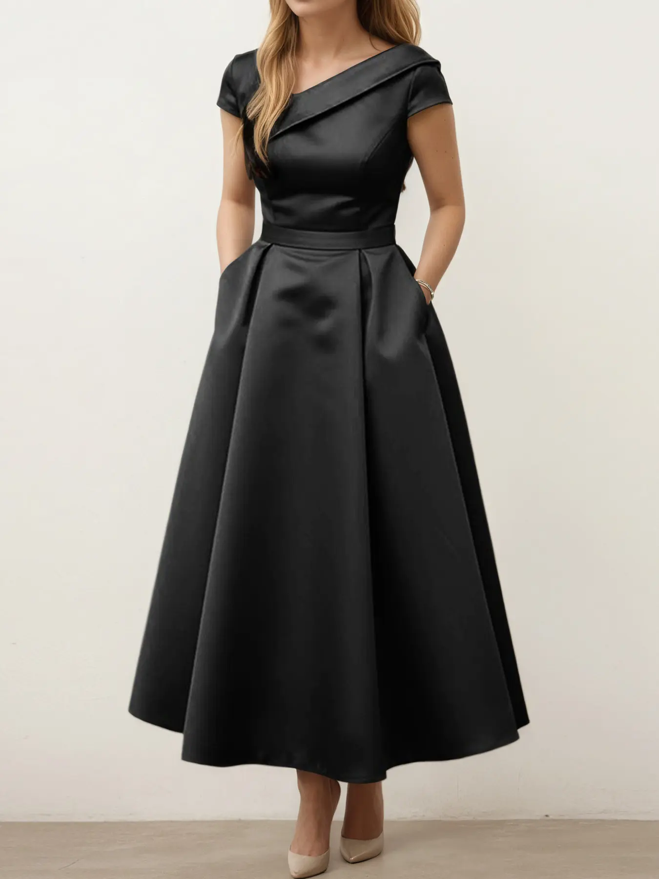 ZANZEA Women's Fashion Chic Elegant Casual Everyday Black Dress, Asymmetrical Neckline Dress, Asymmetrical Neck, Short Sleeve, Pockets, Smooth Satin Fabric, Pleated, Fitted A-Line Design, Perfect for Daily Wear
