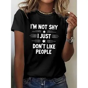 Women'S "I'm Not Shy I Just Don't Like People" Graphic Tee - Casual Green Short Sleeve Crew Neck Top for Spring & Summer, Bold Text Design, Soft Polyester Fabric, Perfect for Casual Attire, Summer Top | Statement Clothing | Soft Fabric To