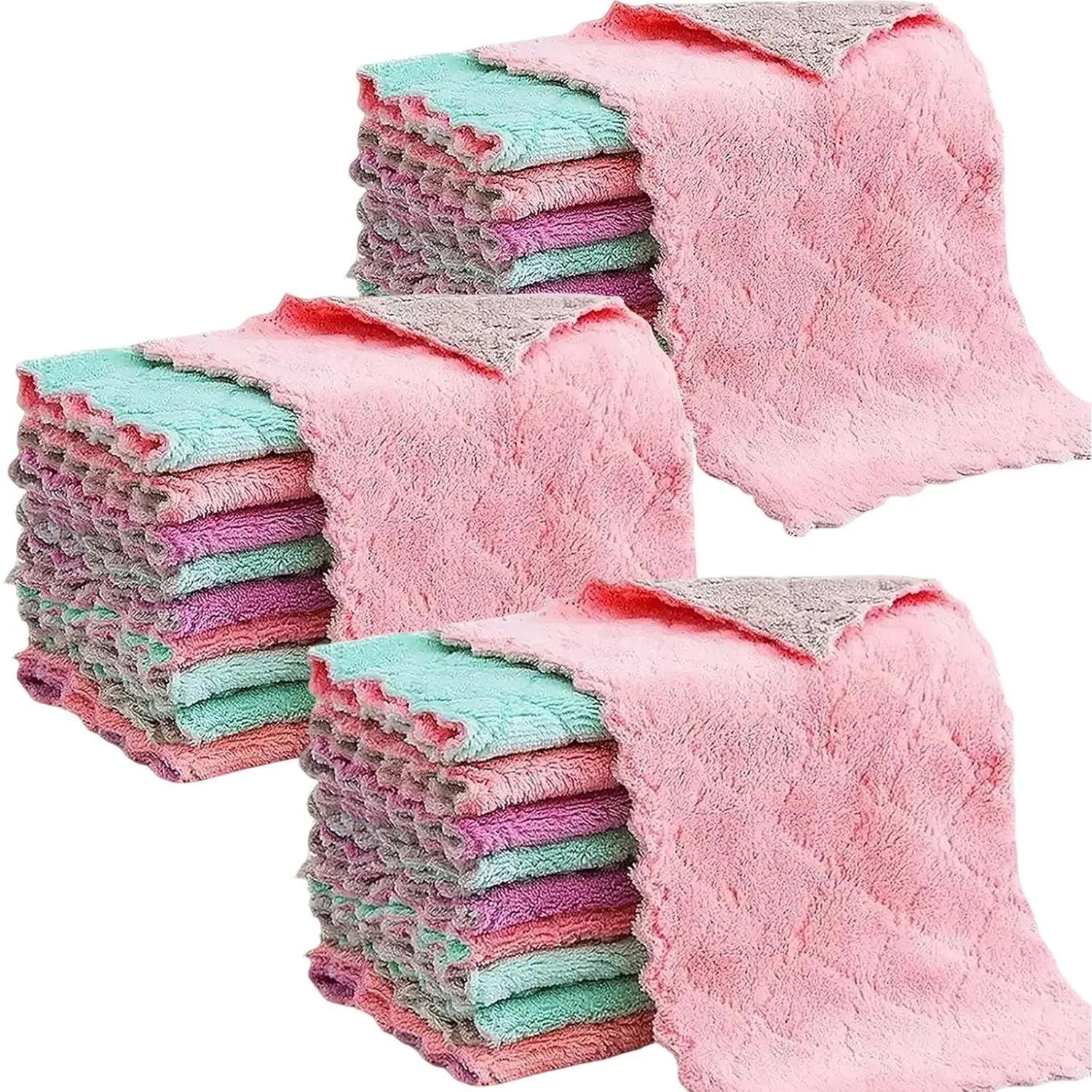 Reusable Microfiber Kitchen Cleaning Cloths Wipes - Multifunctional, Super Absorbent, Quick-Drying, Lint-Free Rectangular Rags, Compact & Convenient 10.6"x6.3" Coral Dish Towels, Machine/Hang Dry, 24 Pack for Kitchen & Car, Wipe, Machine Wash