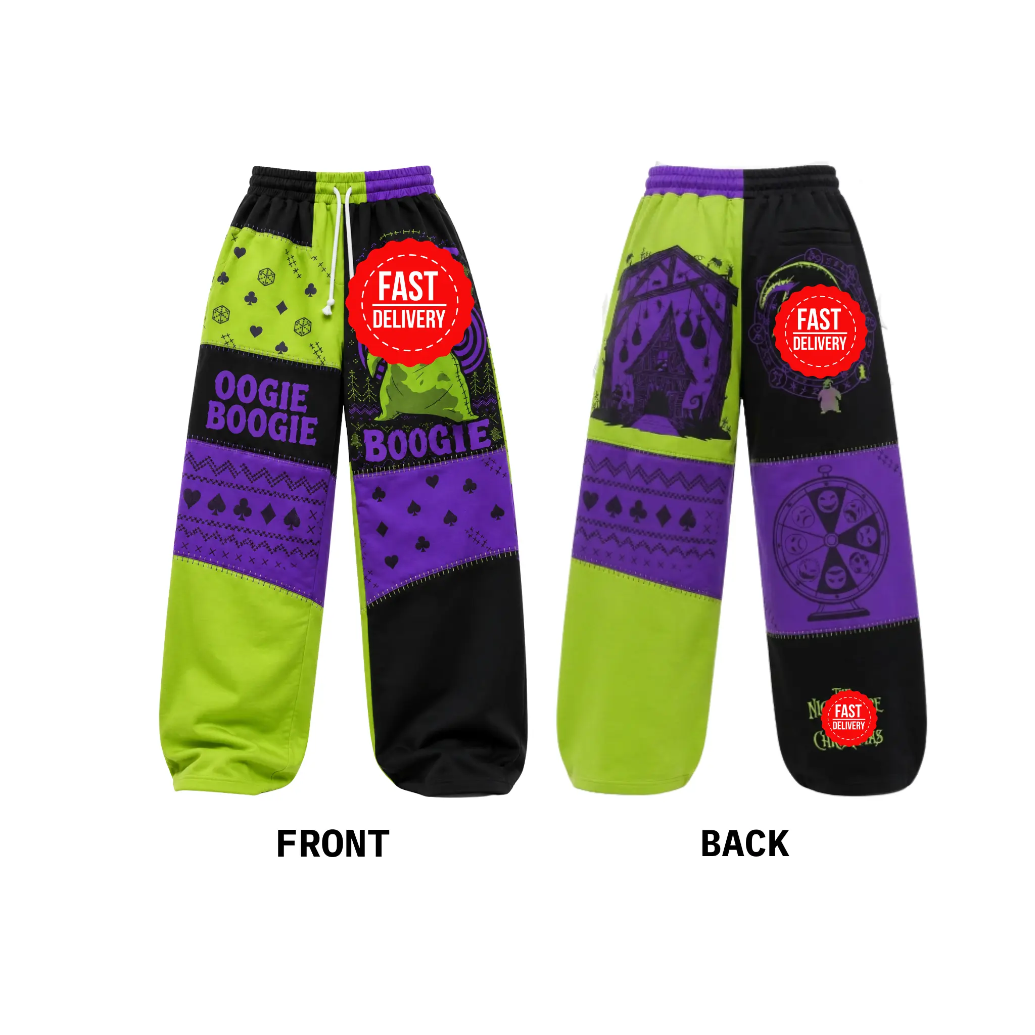 Halloween Green Loose Sweatpants, Retro Purple & Green Patchwork Wide Leg Lounge Pants, Spooky Graphic Casual Trousers