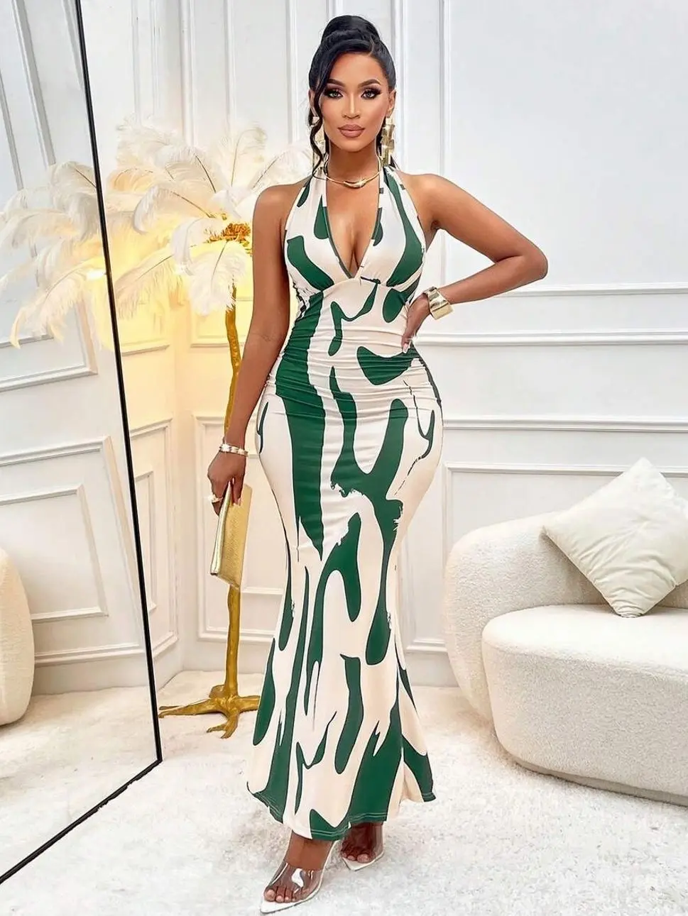 Women's Summer Sexy Fashion Wavy Pattern Print Deep V Ruched Waist Halter Lace  Wrap Dress, Suitable For Vacation & Dates (Random Floral Styles) Elegant -  TikTok Shop