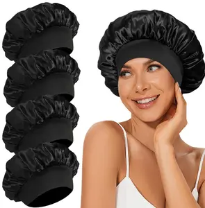 4-Pack Satin Bonnet Silk Sleep Cap – Wide Elastic Band Hair Bonnet for Sleeping | Soft & Breathable Black