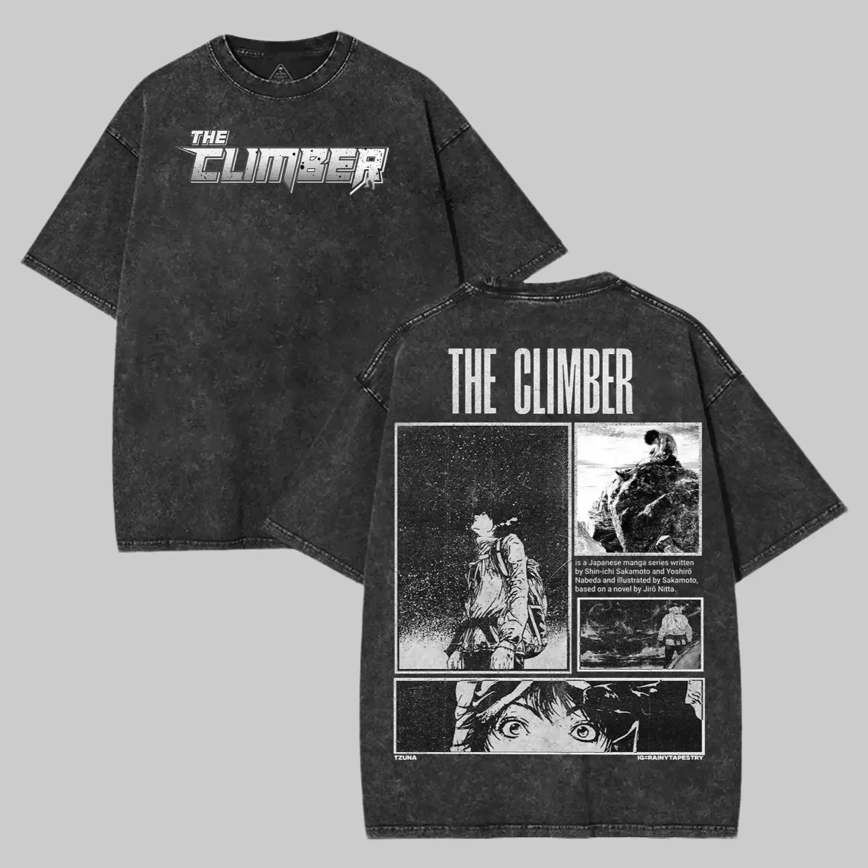 Vintage Washed The Climber Manga Graphic Tee Heavyweight Oversized 90s Retro Anime T-Shirt Unisex Streetwear Menswear Top Black Baggy