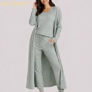 VRCOMFY Women's 3-Piece Knit Loungewear Set Ultimate Soft Velvety Stretchy Fabric Crew Neck Top High-Waist Joggers with Adjustable Drawstring Long Cardigan
