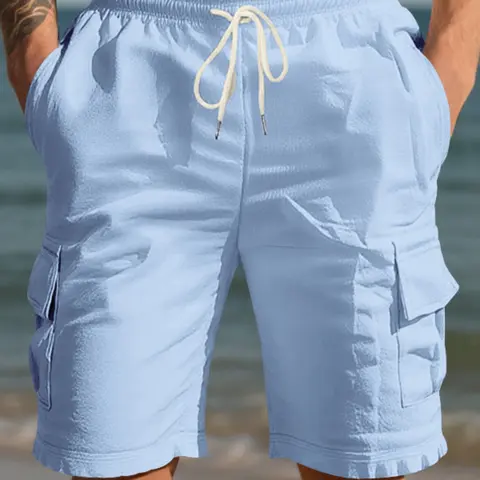 Men's Multi-Pocket Linen cargo shorts, Drawstring Waist Fitted Casual Shorts, Lightweight Breathable Beach Pants for Summer Outdoor Daily Wear, Side Pocket Shorts