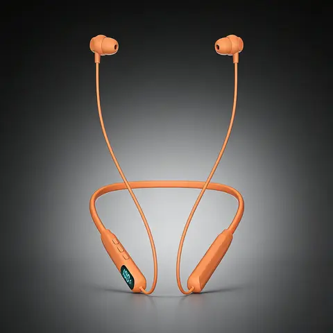 Orange Neckband Wireless Earbuds - IPX4 Sweatproof Silicone In-Ear Audio Headphones, Hi-Fi Sound, LED Battery Display, Magnetic Connection, Cable Management, ENC Noise Cancellation, Smart Voice Assistant for Sports & Hands-Free Calls, Electronic Headset