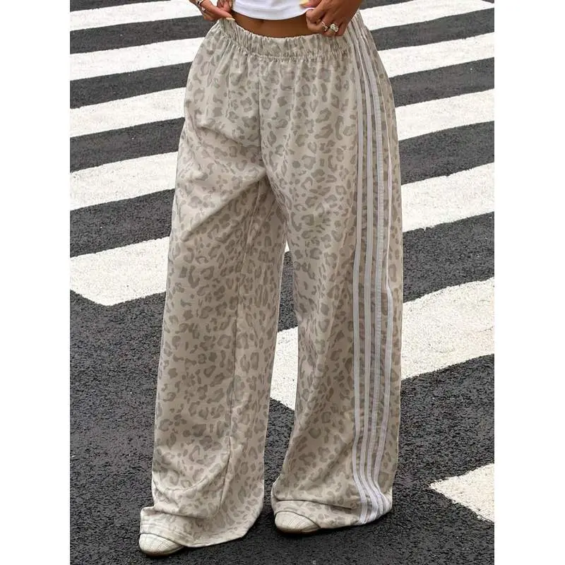 Women's Soft Fabric Elastic Waist Wide Leg Sweatpants - Cheetah Print, Stripe Option, Versatile Commuting Fit Casual Bottoms