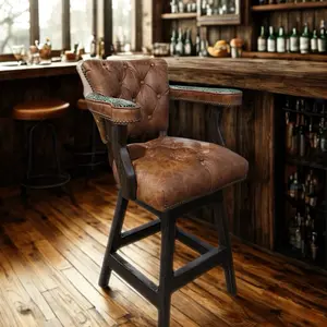 Apache Tufted-Leather Swivel Barstool with Classic Design and Wooden Base for Home Bar Use