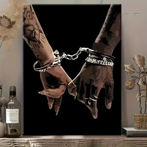 2D Flat, 1pc Romantic Couple Love Handcuffed Hands Canvas Wall Art - Wood Frame Vertical Ink, Rustic Modern Valentine's Gift Suitable for Bedroom, Living Room & Home Office - Ready-to-Hang Handcuff Symbol of Commitment Decor
