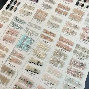 30 pairs of pure handmade wearable nails, elegant white French stripes, brown, blue, and purple gradient glitter design, reusable fake nails, suitable for fashionable nail art, suitable for Valentine's Day, Easter, and Christmas