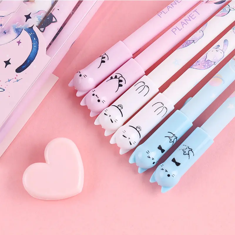 6Pcs Creative Cat Erasable Glue Pen, Cute Cat Tail Erasable Pen Crystal Blue Heat Erasable Gel Pen Set