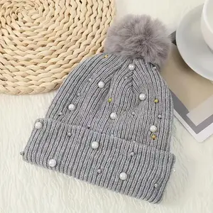 Women's Winter Knit Beanie Hat with Faux Pearl Design, Warm & Stylish Headwear for Daily Wear, Perfect Gift Idea for Her
