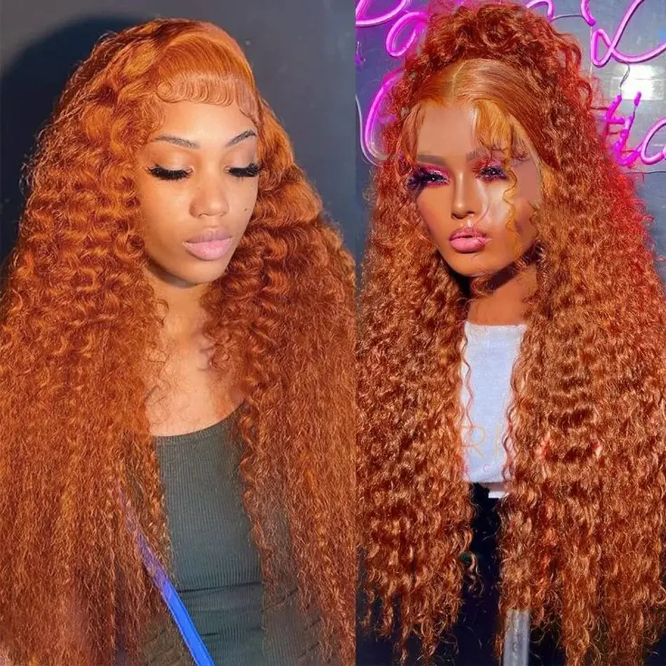 Bling Hair Ginger Oranger Deep Wave Wig Colorful Human Hair Wig 13x6 13x4 Hd Transparent Lace Front Wigs Curly Wave For Women Pre Plucked With Baby Hair 180% Density