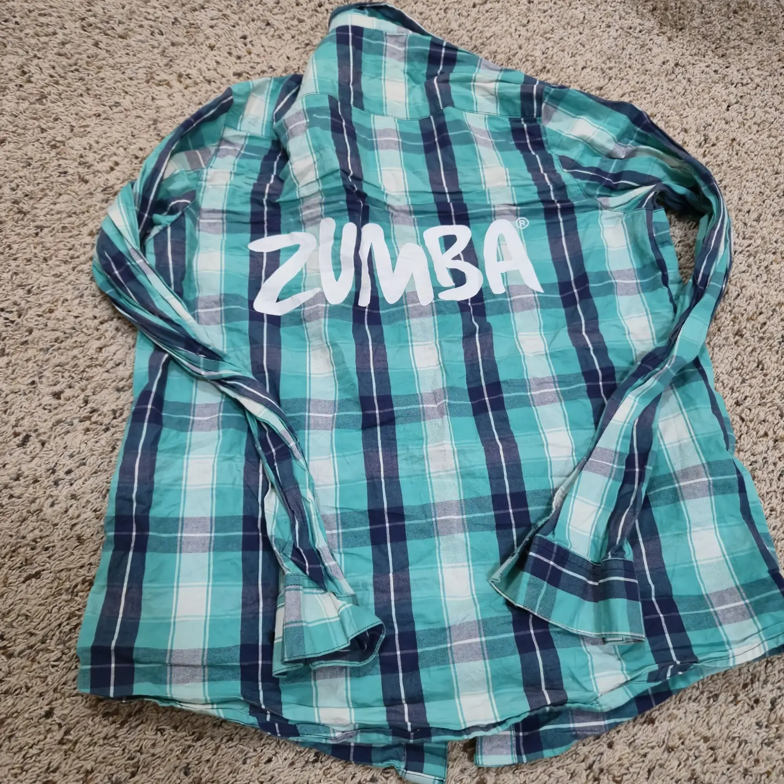 Zumba Long Sleeve Button Up Plaid Shirt Womens Small Blue Casual Sports Cotton