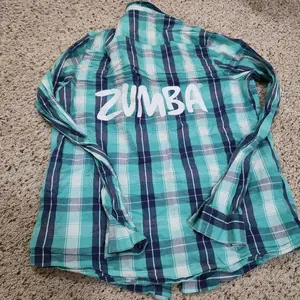 Zumba Long Sleeve Button Up Plaid Shirt Womens Small Blue Casual Sports Cotton