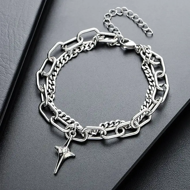 Stainless Steel Double Layer Stackable Bracelet for Men Women, Silver North Star Rhinestone Charm Paperclip Curb Chain Wristband, Minimalist Y2K Punk Anti-Tarnish Hand Jewelry for Daily Commute Streetwear Birthday Gift