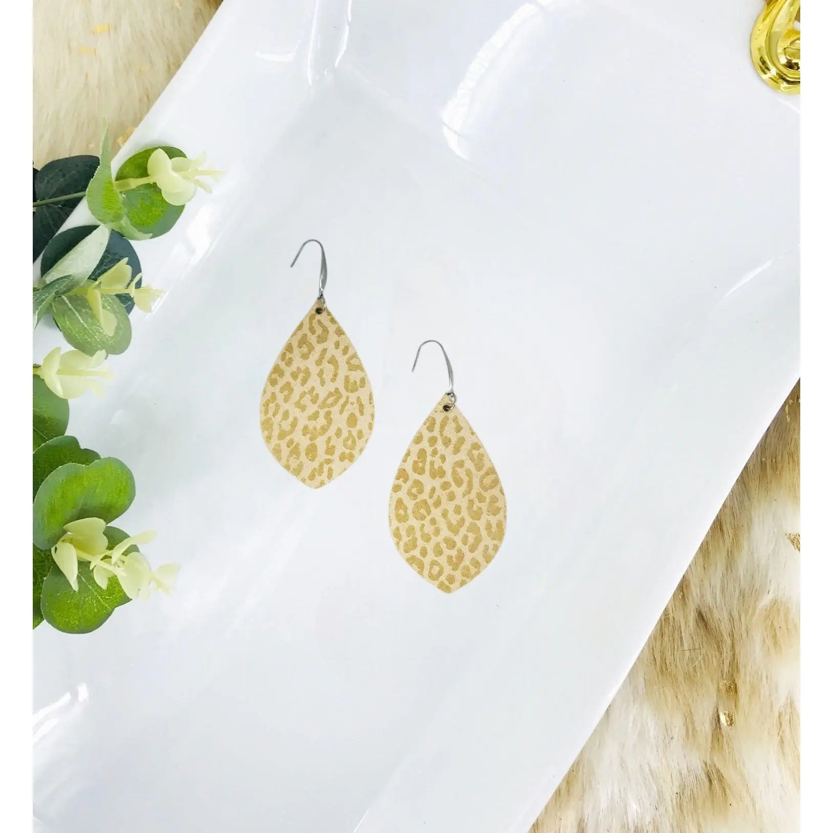 Beige Genuine Leather Earrings - E19-2904