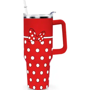 Cartoon Mouse Tumbler 40 Oz With Lid and Straw Stainless Steel Insulated with Handle Red Bowknot Travel Coffee Mug - Birthday,Christmas Gift