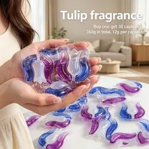 Tulip Scented Laundry Pods, 30 Count, 360g Total, Long-Lasting Fragrance, Concentrated Quick Dissolve, Gentle on Clothes, 12g Each, Fragrance Detergent Beads