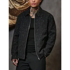 Men's Loose Fit Plaid Tweed Zip-Up Overcoat