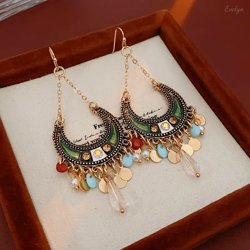 Women's Fashion Boho Vintage Crescent Moon Tassel Dangle Earrings - Multicolor Resin Beading, Rhinestone Coin Fringe, Alloy Ethnic Statement Hook Jewelry for Casual Whimsical Funky Accessory Needs, Whimsical Earrings, Funky Earrings