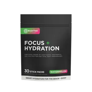BrainTree Nutrition Focus + Hydration Watermelon Flavor Nootropics Adaptogens Sugar-Free Hydration Drink Mix 30 Stick Packs for Enhanced Cognitive Function and Total Body Hydration