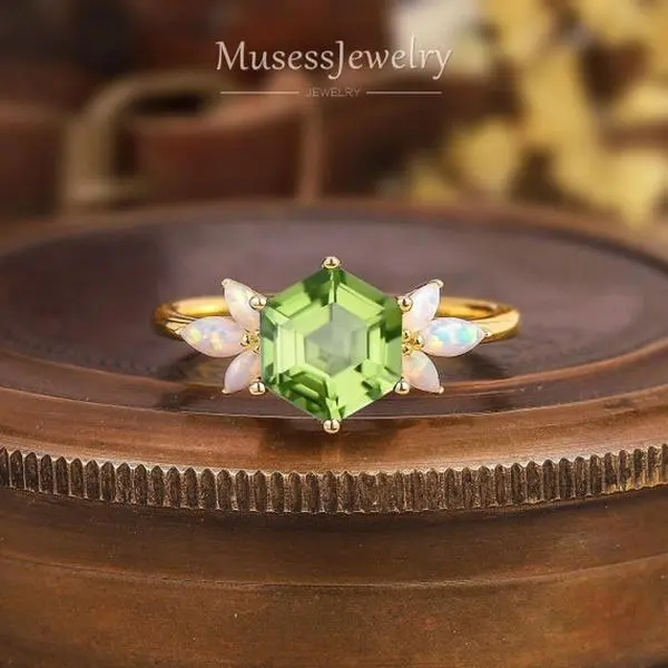 Hexagon Peridot Engagement Ring, Art Deco Halo Cluster Design