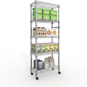 61" H Metal Shelves 5-Tier Storage Shelving Unit with Wheels and Side Handle, Adjustable Rolling Storage Shelves Wire Shelving for Home Office Kitchen Garage, 23.6" D x 11.8" W,Silver