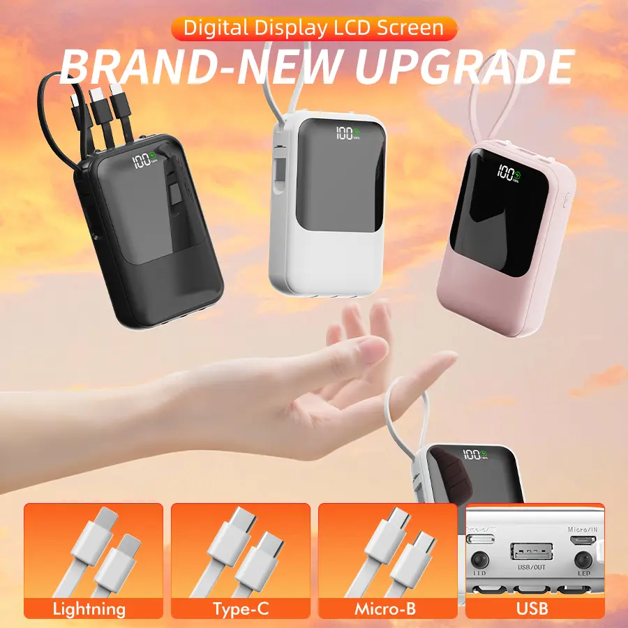 XBJ 10000mAh Fast Charge Power Bank With 3 Built-in Cables Compact Portable External Battery For Travel Camping