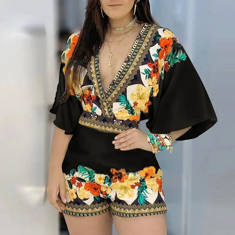 Sophisticated Jumpsuit Casual Summer New Floral Print Deep V Neck 3/4 Sleeve Playsuit 2026 Woman Party Beach Playsuits Streetwear Style, Vacation Essentials, Well Made, Relaxed Fit, one-piece wonder, effortless chic