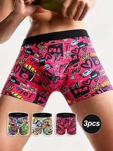 3Pcs Men's Long Leg Boxer Briefs, Streetwear Graffiti Comic Print Breathable Underwear, Trendy Hip Hop Colorful Casual Comfortable Stretch Boxers for Daily Wear, Fashionable Cartoon Underpants for Men