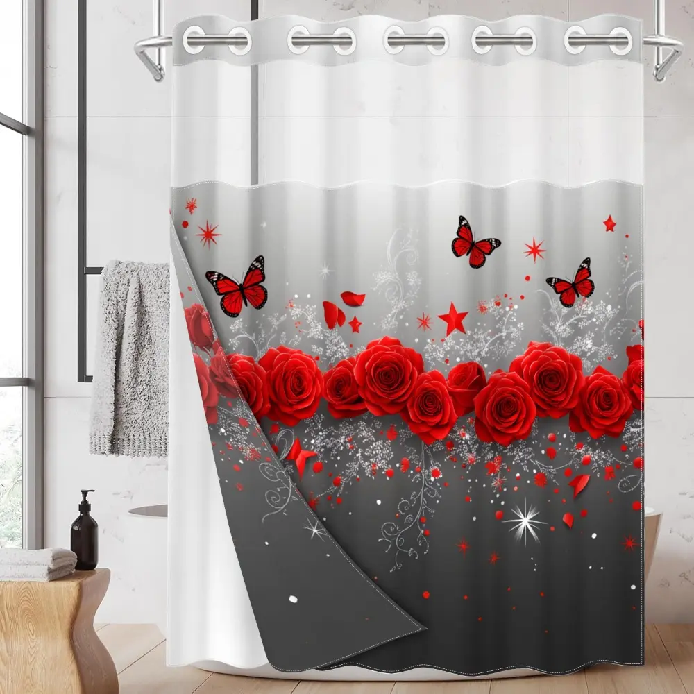 1pc hookless shower curtain with buckle lining, Floral Shower Curtains For Bathroom, red rose butterfly star design 2D print, fabric waterproof lining with see-through window double layer, 71 x 74 inches, Decorative shower curtain, home decoration
