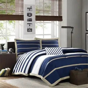 Mi Zone Modern Bedding Set - 212 MAIN Navy Theme Striped Print, 100% Polyester Peach Skin, 4-Piece Full/Queen Size Basic Colors, Reptile & Amphibian Decoration