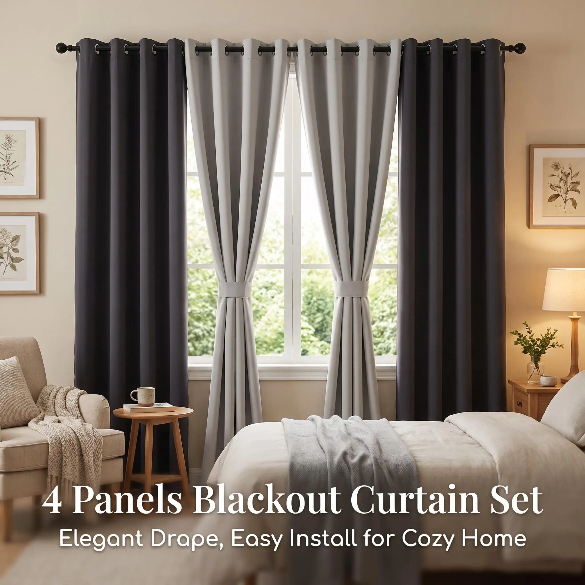 4 Panels  52"x84"Grommet Blackout Curtains, Thermal Insulated Noise Reducing Window Drapes, Room Darkening Curtain Panels for Bedroom Living Room Thick Polyester Full Blackout Window Curtains, Energy Saving Heat Blocking   , Machine Washable   QF222