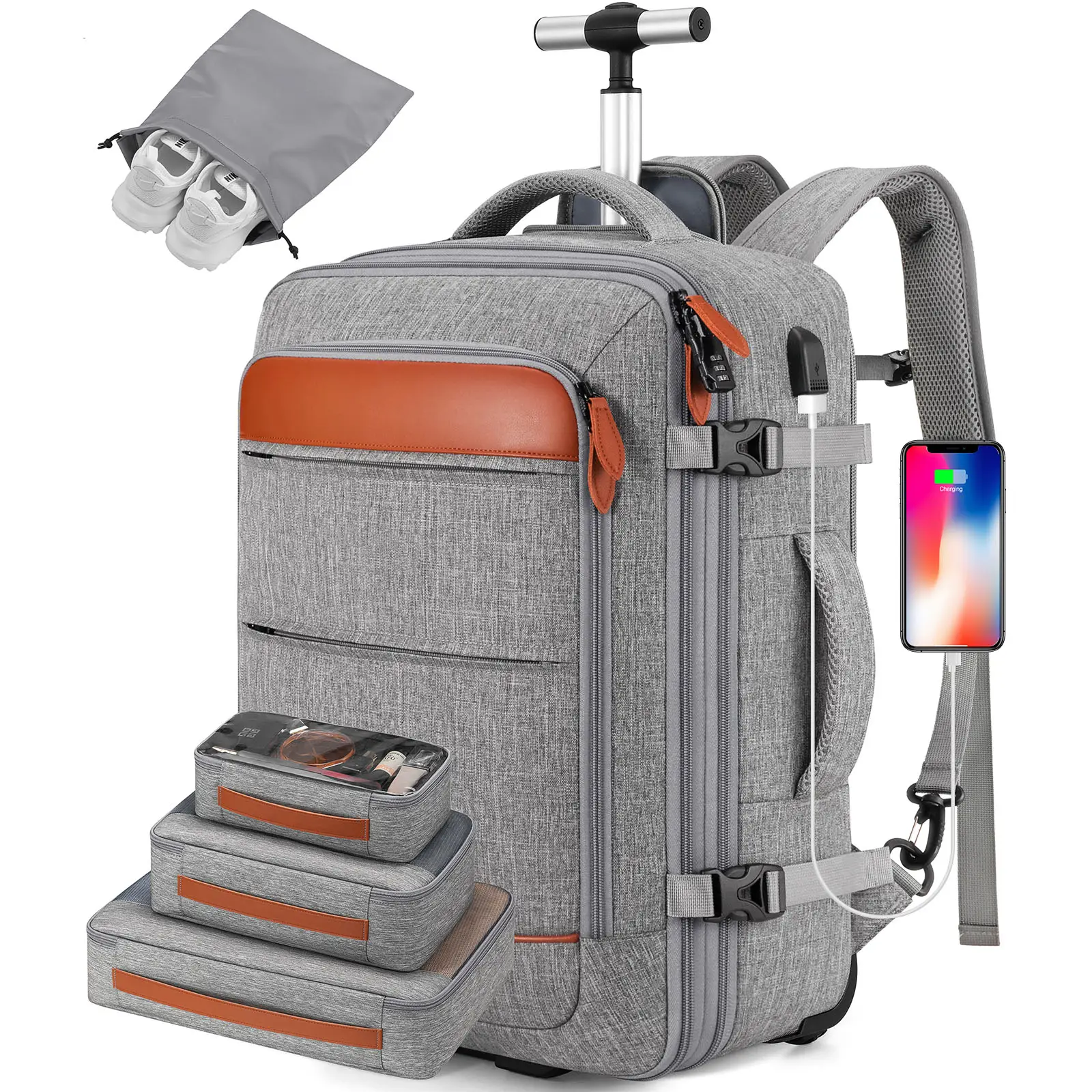 Bagsure Rolling Backpack Large Capacity for Men and Women, Travel Backpack with Wheels, 17.3 Inch Carry-On Durable Luggage Backpack for Business and W