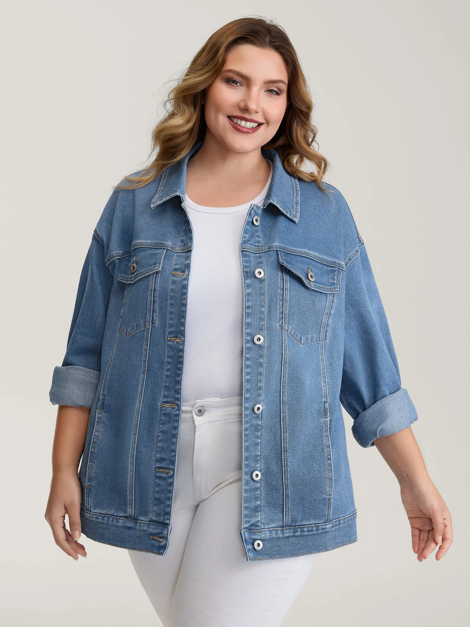 BloomChic Women's Loose Fit Denim Jacket, Solid Light Wash Button-Down Casual Tops, Basic Stretch Coats with Side Seam Pockets