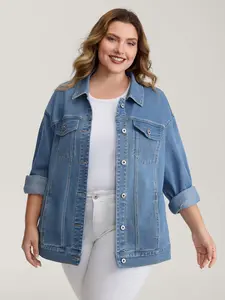 【Transitional Jacket 】Bloomchic Supersoft Chest Flaps Button-Down Denim Jacket Coats Fit Tops Pocket Womenswear Denimblue Basic Outerwear 2026 Spring Break Gift For Easter's Day Mother's Day