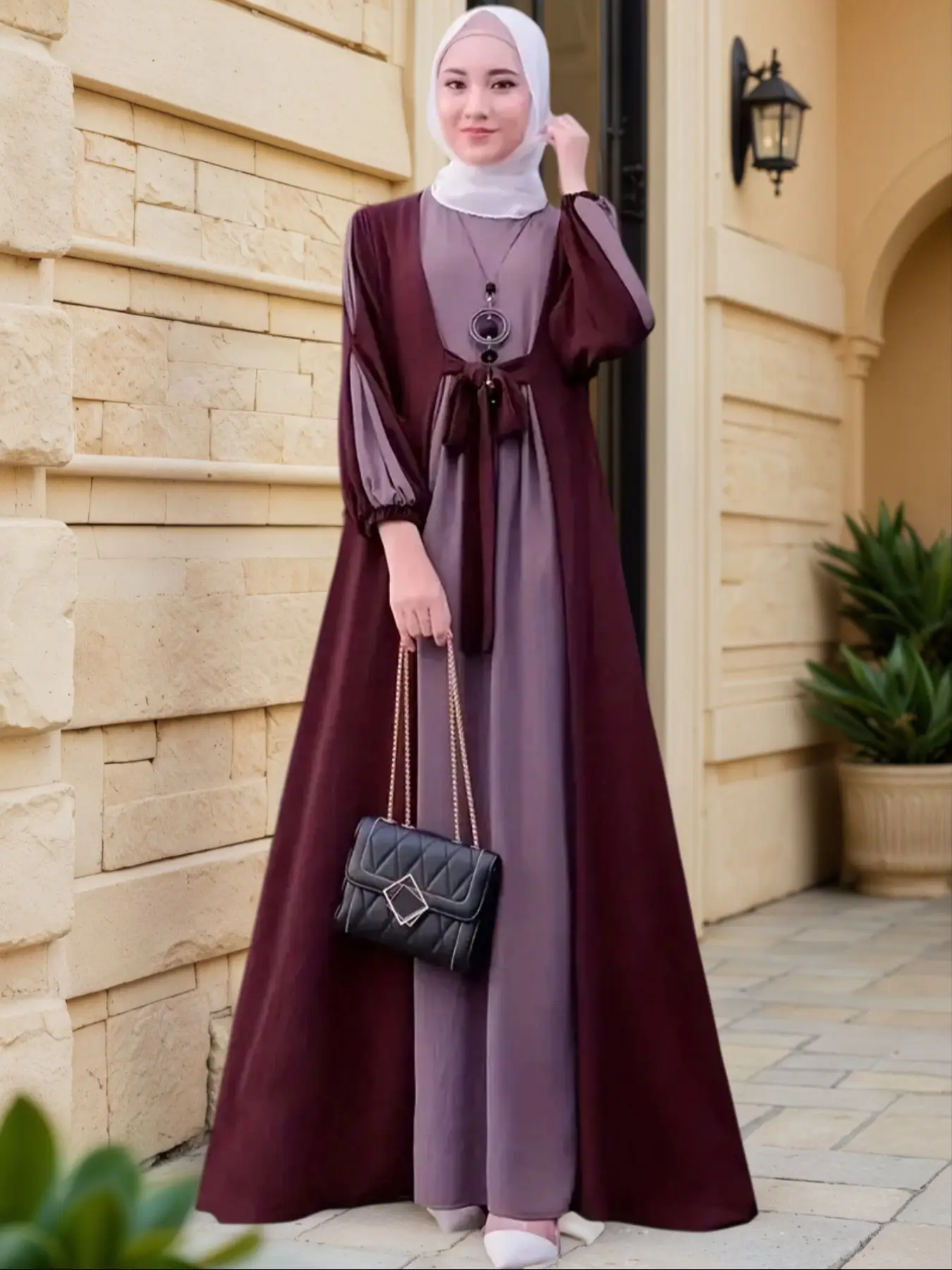 Elegant Women's Lantern Sleeve Belted Casual Patchwork Long Sleeve Round Neck Dress, Loose-Fit Woven Fabric, All Seasons Wear