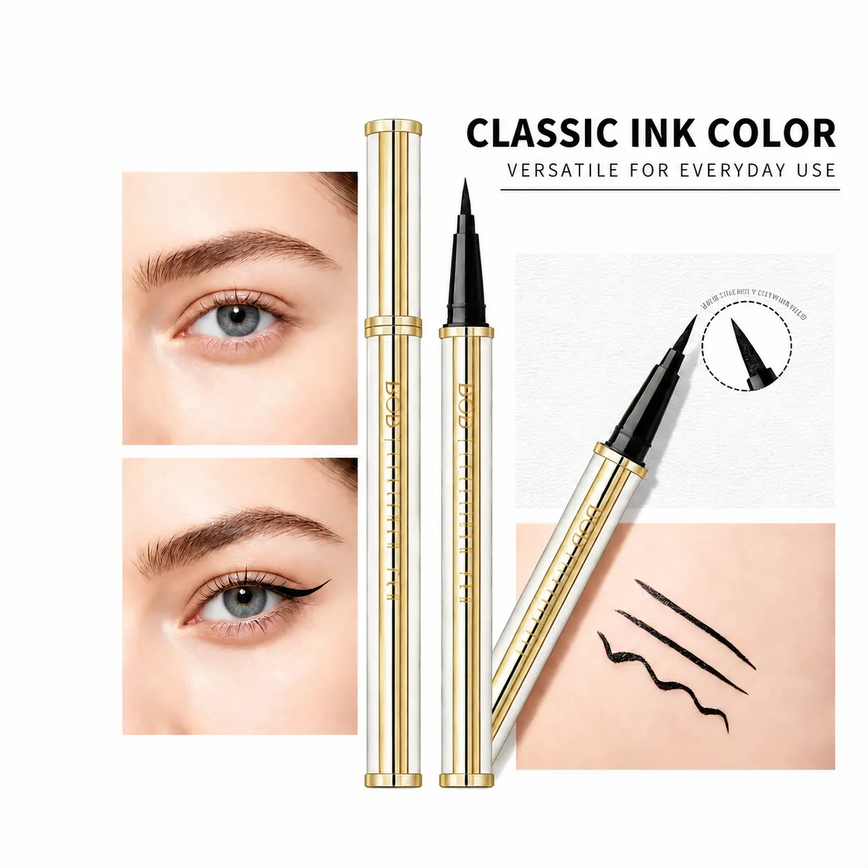 Waterproof Liquid Eyeliner Pen with Ultra-Fine Cotton Tip, Jet-Black Smudge-Proof 1-Stroke Precise Line Formula, Beginner-Friendly, Metallic Pigment for Daily Flawless Makeup, Multi-Use Cosmetic (Eyeliner & Lipliner)