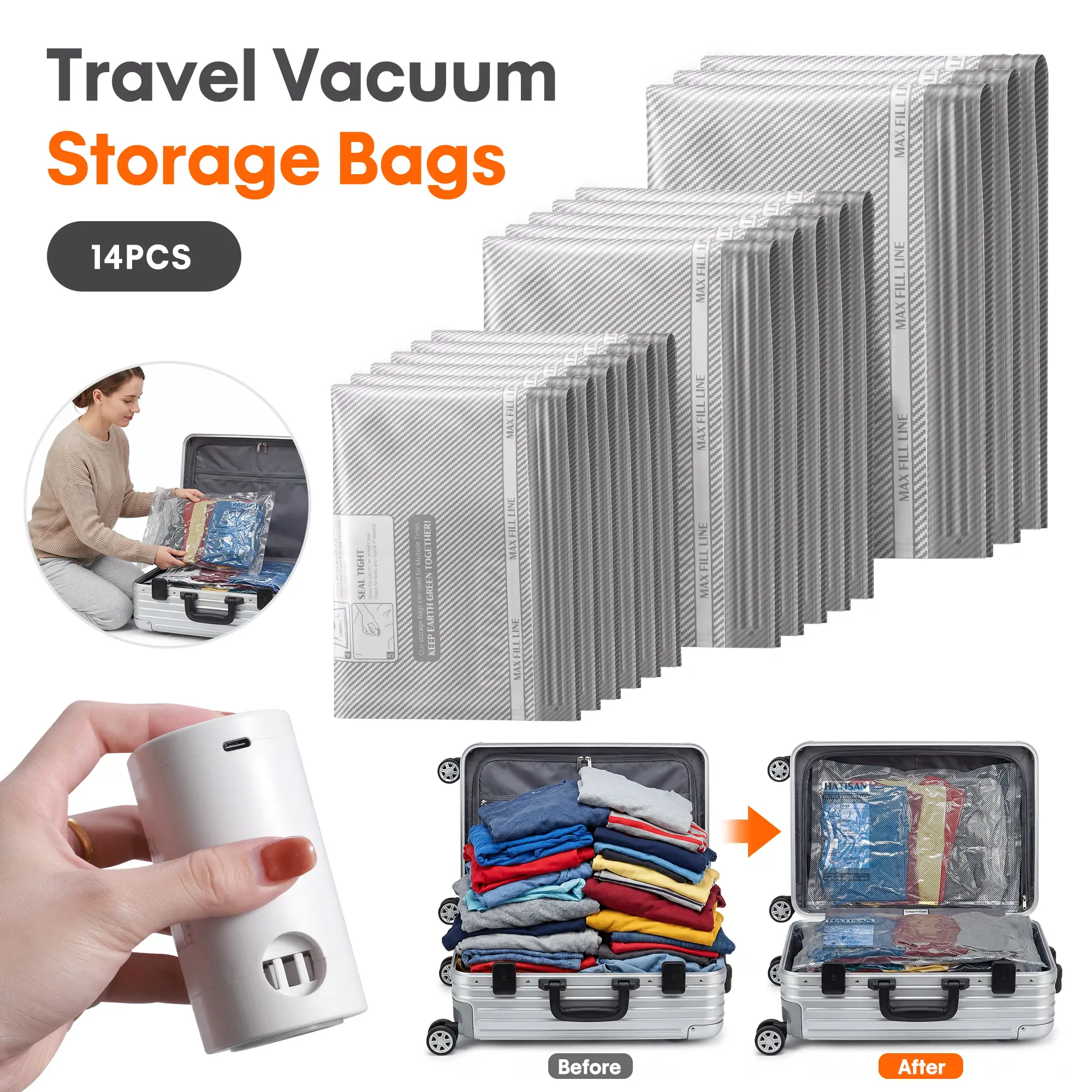 Cordless Travel Vacuum Bag Set, Vacuum Bags for Travel with Rechargeable air Pump, 14 Pack Carry-on Size Compression Packing Bags for Luggage and Suitcase, Space Saver Vacuum Storage Bags for Travel Clothing, Vacuum Seal Bags with Waterproof & Reusable