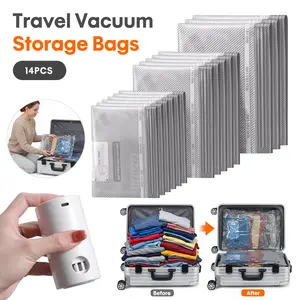 Cordless Travel Vacuum Bag Set, Vacuum Bags for Travel with Rechargeable air Pump, 14 Pack Carry-on Size Compression Packing Bags for Luggage and Suitcase, Space Saver Vacuum Storage Bags for Travel Clothing, Vacuum Seal Bags with Waterproof & Reusable
