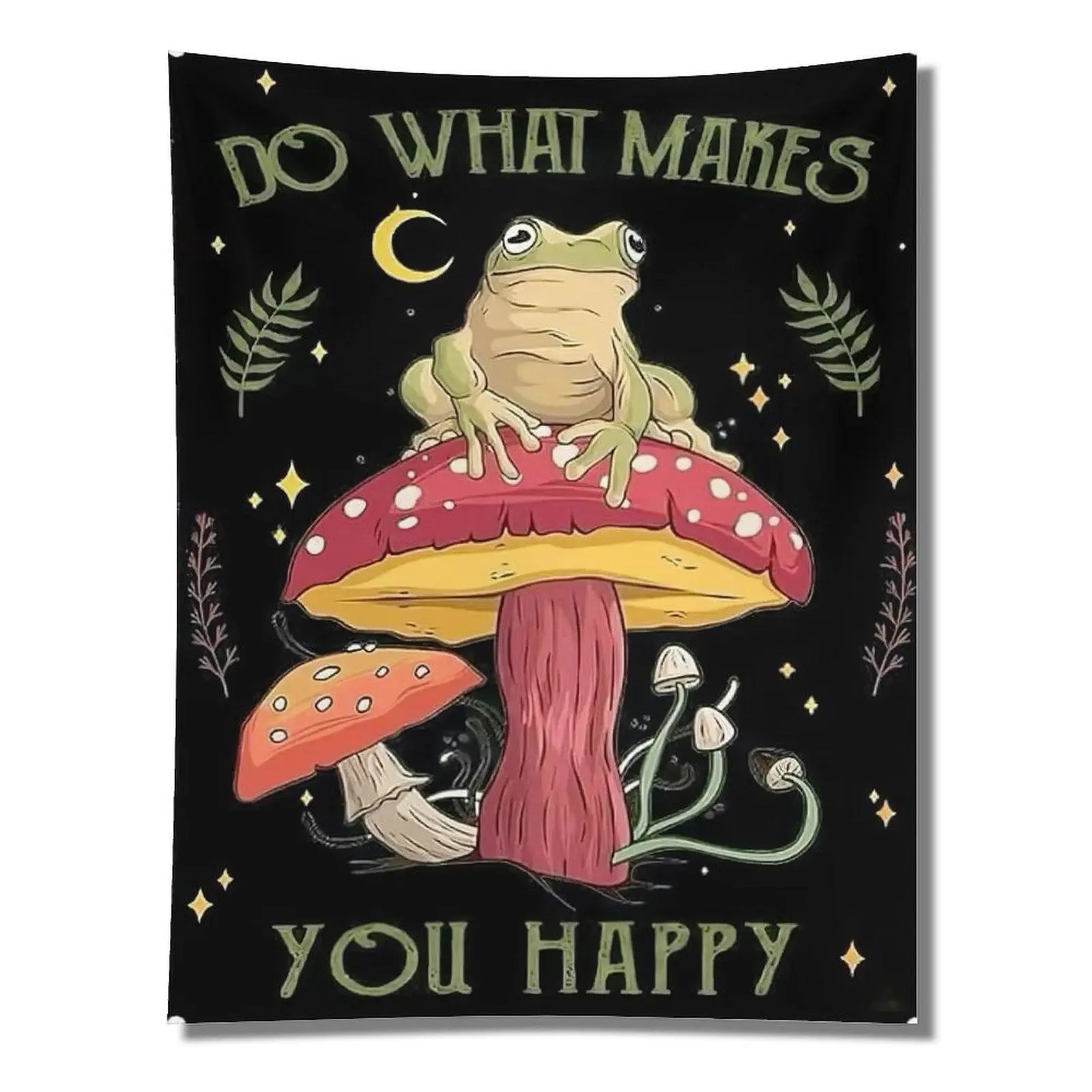 Do What Makes You Happy Green Frog Red Spotted Mushroom Crescent Star Black Background Cottagecore Positive Quote Wall Tapestry Wall Hanging