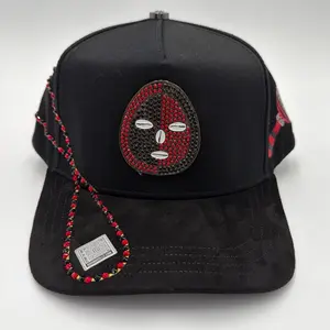 Elegua by Big Boss Hats - Black Snapback with Red Beaded Mask Design and Adjustable Chain Strap