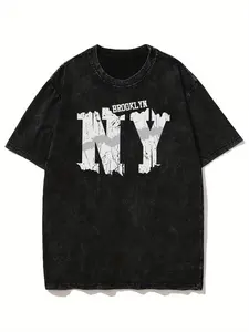 Men's Vintage Washed Brooklyn Ny Print Loose T-Shirt, Retro New York Street Style, Casual Short Sleeve, Daily Wear Top