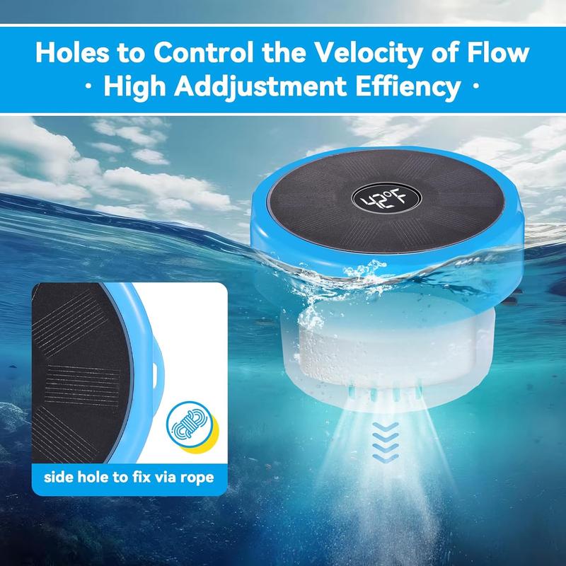 Pool Chlorine Floater with Temperature Display, Floating Chlorine Dispenser Fit for 1" and 3" Tablets Solar Charging,Anti-Sinking Dispenser for Pond Spa Hot Tub Floating Opening Blue