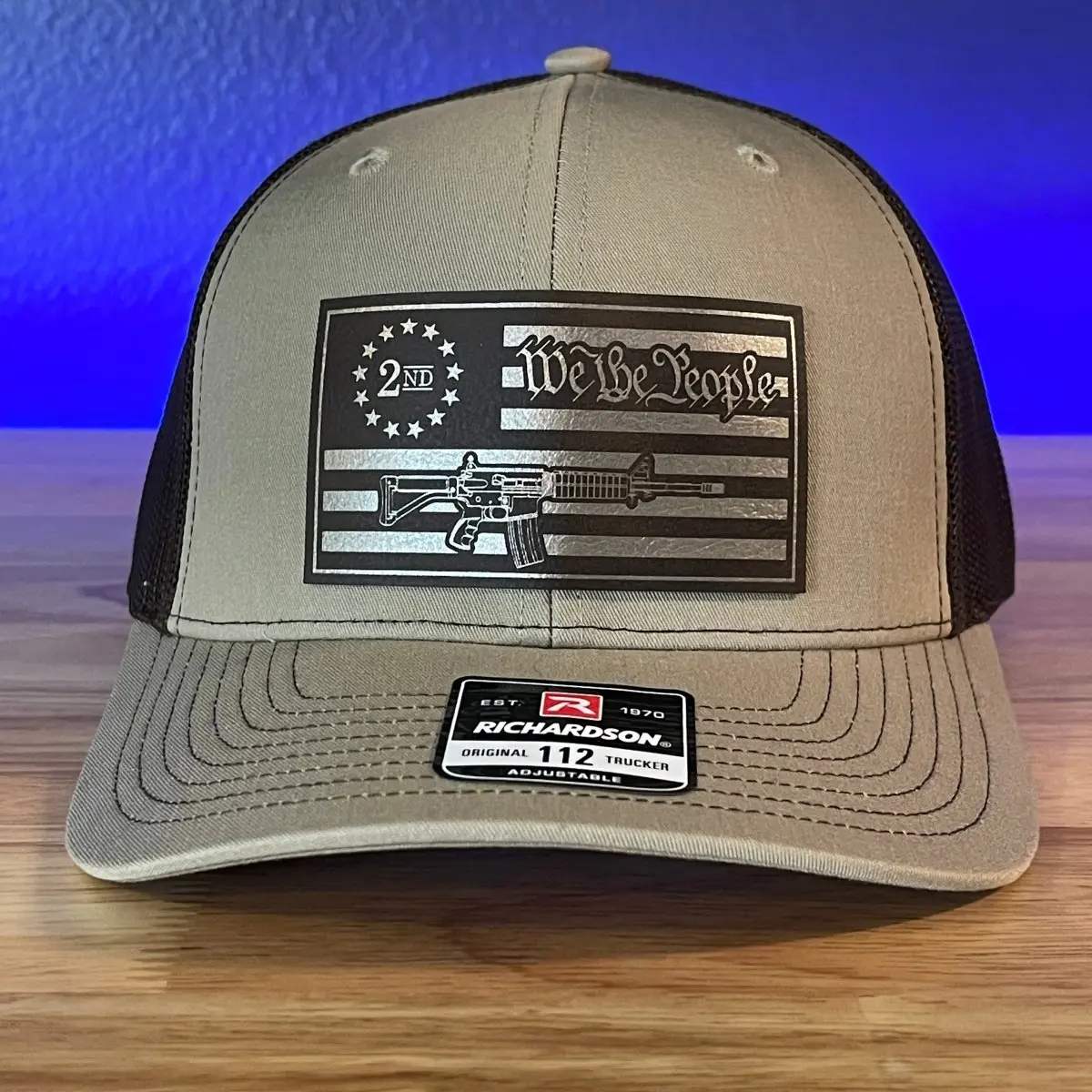 We The People 2nd Amendment American Flag Gold and Brwn Leather Patch Hat Patriotic Trucker Cap Customizable Hats